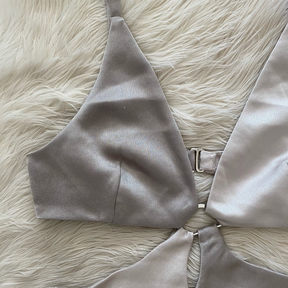 Bec + Bridge Stone Grey Satin Colorblock Felix V Cut Out Maxi Dress - Picture 5 of 14